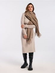 Sukienka midi z golfem - beżowy. Brązowe sukienki damskie Sinsay, l, bez wzorów, z materiału, bez kołnierzyka, bez ramiączek, midi, dopasowane. Za 59.99 zł.