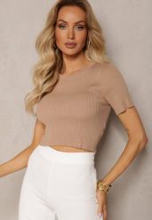 Ciemnobeżowy T-shirt z Prążkowanej Dzianiny o Krótkim Kroju Poutia. Brązowe bluzki damskie Renee, l, bez wzorów, z dzianiny, bez kołnierzyka. Za 44.99 zł.