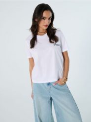 Bawełniana koszulka z napisem - biały. Białe t-shirty damskie Sinsay, l, bez wzorów, z bawełny, bez kołnierzyka. W wyprzedaży za 17.99 zł.