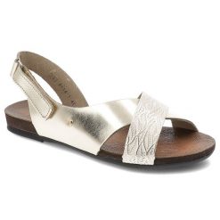 Sandały damskie Armodo, cholewka ze skóry naturalnej z kontrastowym plecionym paskiem o wzorzystym wykończeniu, złote, 40141. Żółte klapki damskie Armodo, bez wzorów, ze skóry, bez obcasa. Za 299.00 zł.