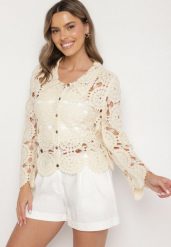 Beżowa Ażurowa Koszula z Bawełny w Stylu Boho Banaviela. Brązowe bluzki damskie Born2be, uniwersalny, w ażurowe wzory, z bawełny, boho, bez kołnierzyka, bez ramiączek. Za 129.99 zł.