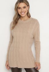 Beżowy Sweter z Wiskozą i Ozdobnym Splotem Savria. Brązowe swetry damskie Born2be, na zimę, bez wzorów, z wiskozy, bez kołnierzyka, bez ramiączek, bez kaptura. Za 99.99 zł.
