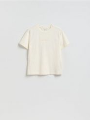 T-shirt z nadrukiem - złamana biel. T-shirty damskie Reserved, l, bez wzorów, z bawełny, klasyczne, bez kołnierzyka. Za 35.99 zł.