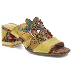 Klapki damskie Laura Vita, na obcasie ozdobne kwiaty szeroki pasek wygodna podeszwa letni styl, żółte, 09 SOK26-9. Żółte klapki damskie Laura Vita, bez wzorów. Za 309.00 zł.