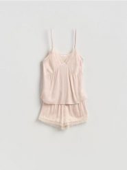 Dwuczęściowa piżama z wiskozy - kremowy. Białe piżamy damskie Reserved, l, bez wzorów, z tkaniny, bez ramiączek. Za 119.99 zł.