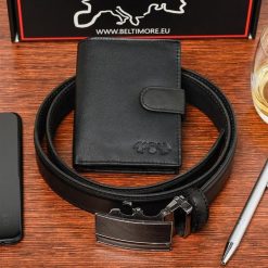 Zestaw męski skórzany portfel pasek duży Beltimore U88. Czarne paski damskie bez wzorów. Za 119.90 zł.