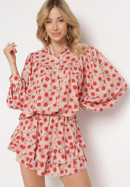 Beżowo-Czerwona Koszula ze Stójką z Długim Rękawem Zapinana na Guziki Kannesha. Brązowe bluzki damskie Born2be, l, bez wzorów, z jeansu, biznesowe, bez kołnierzyka, bez ramiączek. Za 129.99 zł.