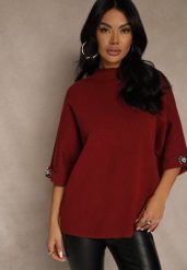 Bordowy Sweter z Cyrkoniami przy Rękawach Corentusa. Czerwone swetry damskie Renee, m, z aplikacjami, z jeansu, casualowe, bez kołnierzyka, bez ramiączek, bez kaptura. Za 89.99 zł.