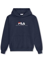 Bluza z kapturem męska do biegania Fila Valsera regular logo granatowa. Niebieskie bluzy męskie Fila, m, bez wzorów, z bawełny, z kapturem. Za 299.00 zł.