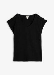 T-shirt z szydełkową wstawką. Czarne bluzki damskie bonprix, bez wzorów, bez kołnierzyka, bez ramiączek. Za 32.99 zł.