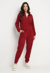 Bordowy Komplet Dresowy z Prążkowanego Materiału Bluza z Kołnierzykiem i Spodnie z Gumką w Pasie Kerulla. Czerwone bluzy damskie Born2be, m, bez wzorów, z dresówki, bez kaptura. Za 74.99 zł.