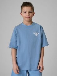 4F T-shirt loose z nadrukiem chłopięcy - niebieski 134/140 (8-10 lat). Niebieskie t-shirty dla chłopców 4f, bez wzorów, z bawełny, bez ramiączek. Za 59.99 zł.