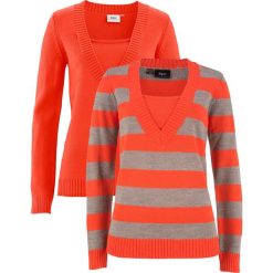 Sweter (2 szt. w opak.) bonprix czerwona pomarańcza w paski + czerwona pomarańcza. Brązowe swetry damskie bonprix, bez wzorów, bez kołnierzyka, bez ramiączek, bez kaptura. Za 44.99 zł.