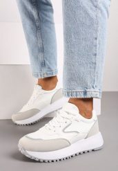 Białe Płaskie Sneakersy z Geometrycznym Zdobieniem Erithine. Białe obuwie sportowe damskie Born2be, z aplikacjami, z jeansu. Za 109.99 zł.