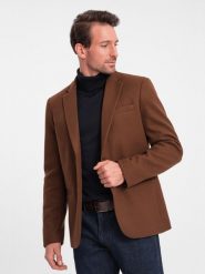 Marynarka męska casual z ozdobnymi guzikami na mankietach - czekoladowy brąz V1 OM-BLZB-0118 - XL. Brązowe marynarki męskie Ombre Clothing, bez wzorów, casualowe. W wyprzedaży za 149.99 zł.