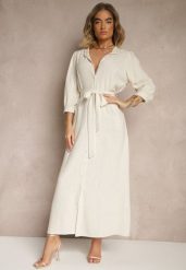 Ciemnobeżowa Sukienka Koszulowa z Wiskozą Lnem i Paskiem Galenena. Brązowe sukienki damskie Renee, na co dzień, m, z aplikacjami, z wiskozy, eleganckie, bez kołnierzyka, bez ramiączek, maxi, koszulowe. Za 159.99 zł.