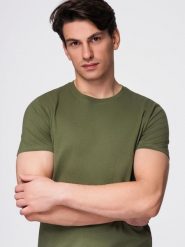 T-shirt męski klasyczny bawełniany BASIC - khaki V6 - Rozmiar: L. Brązowe t-shirty męskie Ombre Clothing, l, bez wzorów, z bawełny, klasyczne, bez kołnierzyka. W wyprzedaży za 29.99 zł.