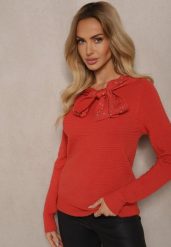Pomarańczowy Sweter z Prążkowanej Dzianiny z Wiskozą Ozdobiony Cyrkoniami i Wiązaniem Tintorinae. Brązowe swetry damskie Renee, m, bez wzorów, z dzianiny, casualowe, bez kołnierzyka, bez ramiączek, długie, bez kaptura. Za 79.99 zł.
