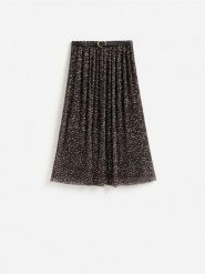 Plisowana spódnica midi - ciemnobrązowy. Brązowe spódnice damskie Reserved, l, bez wzorów, z dzianiny, midi, rozkloszowane. Za 129.99 zł.
