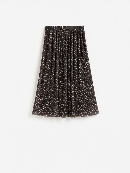 Plisowana spódnica midi - ciemnobrązowy. Brązowe spódnice damskie Reserved, l, bez wzorów, z dzianiny, midi, rozkloszowane. Za 129.99 zł.