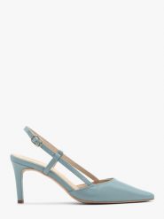 Niebieskie czółenka typu slingback OFELIA. Niebieskie czółenka damskie Ryłko, bez wzorów, ze skóry, bez obcasa, na szpilce, bez zapięcia. W wyprzedaży za 269.99 zł.