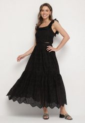 Czarny Wiskozowy Komplet w Stylu Boho Top z Falbanką i Spódnica z Haftem Natisena. Czarne spódnice damskie Born2be, m, bez wzorów, z materiału, boho. Za 259.99 zł.