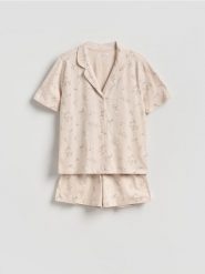 Dwuczęściowa piżama z bawełny - beżowy. Brązowe piżamy damskie Reserved, l, bez wzorów, z bawełny, bez ramiączek. Za 69.99 zł.