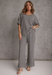 Beżowo-Granatowy Komplet Oversize Stylizowany na Dziergany T-shirt i Luźne Spodnie w Paski Relorin. Brązowe spodnie materiałowe dla dziewczynek Renee, bez wzorów, z dzianiny. Za 199.99 zł.