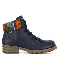 Botki Rieker. Niebieskie botki damskie Rieker, bez obcasa, na płaskiej podeszwie, bez zapięcia. Za 335.99 zł.