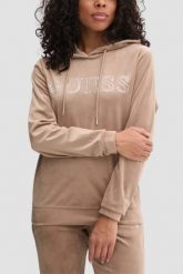GUESS Brązowa welurowa damska bluza Couture, Rozmiar XS. Brązowe bluzy damskie Guess, s, z aplikacjami, z weluru, z kapturem. W wyprzedaży za 199.99 zł.