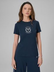 4F T-shirt slim z nadrukiem damski - granatowy XS. Niebieskie t-shirty damskie 4f, uniwersalny, bez wzorów, z bawełny, bez kołnierzyka. Za 59.99 zł.