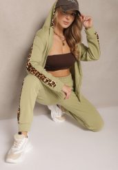 Zielony Komplet Dresowy z Bluzą i Spodniami Zdobionymi Panterką Tirhiris. Zielone bluzy damskie Renee, m, z aplikacjami, z dresówki, z kapturem. Za 74.99 zł.