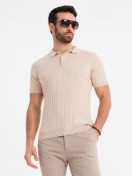 Męska koszulka polo z wiskozą SLIM FIT w pionowy prążek beżowa V2 OM-POSS-0143 XL. Brązowe koszulki polo męskie Ombre, m, bez wzorów, z wiskozy, bez ramiączek. Za 302.57 zł.