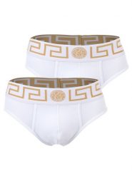 Versace Komplet 2 par slipów AU10180 1A10011 Biały. Białe slipki męskie Versace, m, bez wzorów, z bawełny. Za 279.99 zł.