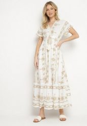 Biała Bawełniana Sukienka w Boho Print Rozkloszowana z Metalicznymi Haftami i Frędzlami Divilea. Białe sukienki damskie Born2be, na co dzień, l, bez wzorów, z bawełny, boho, bez kołnierzyka, bez ramiączek, maxi, rozkloszowane. Za 189.99 zł.