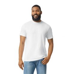 Męska Koszulka Softstyle Plain CVC. Białe koszulki sportowe męskie Gildan, m, bez wzorów, bez kołnierzyka, bez ramiączek, trekkingowe. Za 42.99 zł.