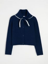 Kardigan z domieszką wełny i wiązaniem pod szyją - granatowy. Niebieskie kardigany damskie Sinsay, l, bez wzorów, z wełny. Za 59.99 zł.