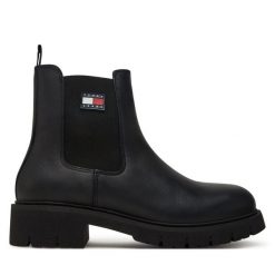 Sztyblety Tommy Jeans. Czarne botki damskie Tommy Jeans, z jeansu, bez obcasa, na płaskiej podeszwie, bez zapięcia. Za 489.99 zł.