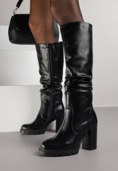 Czarne Marszczone Kozaki na Słupku z Cholewką do Kolana Nessala. Czarne kozaki damskie Born2be, z jeansu, bez obcasa, na obcasie. Za 149.99 zł.