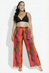Damskie Spodnie palazzo wzór w fale szeroka nogawka elastyczny pas. Czerwone spodnie materiałowe damskie Ulla Popken, plus size, bez wzorów, z elastanu. Za 239.99 zł.