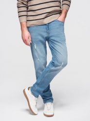 Spodnie męskie jeansowe SLIM FIT z przetarciami - jasnoniebieskie V1 - Rozmiar: M. Niebieskie spodnie materiałowe męskie Ombre Clothing, m, z aplikacjami, z bawełny, biznesowe. Za 239.99 zł.