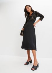 Sukienka szyfonowa z koronką. Czarne sukienki damskie bonprix, bez wzorów, z koronki, eleganckie, bez kołnierzyka, bez ramiączek. Za 139.99 zł.