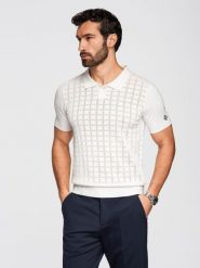 Ażurowa wiskozowa męska koszulka polo - biała V1 - Rozmiar: L. Białe koszulki polo męskie Ombre Clothing, na lato, l, w ażurowe wzory, z dzianiny, biznesowe, bez ramiączek. Za 209.99 zł.