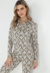 Beżowa Koszula w Ornamentalny Wzór Lagzos. Brązowe bluzki damskie Born2be, l, z aplikacjami, klasyczne, bez kołnierzyka, bez ramiączek. Za 109.99 zł.