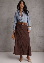 Brązowa Gładka Spódnica z Imitacji Zamszu o Rozkloszowanym Kroju Nettia. Brązowe spódnice damskie Renee, l, bez wzorów, z koronki, midi, rozkloszowane. Za 169.99 zł.