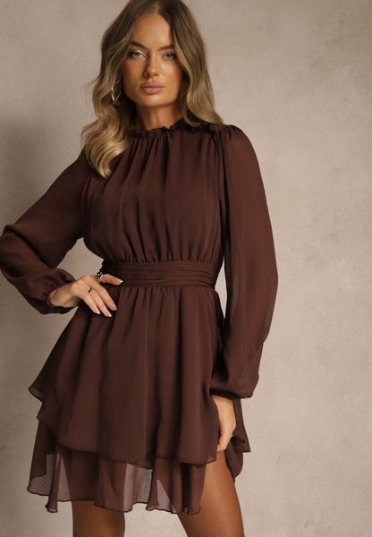 Brązowa Sukienka z Siateczki o Rozkloszowanym Kroju z Bufiastymi Rękawami Aziva. Brązowe sukienki damskie Renee, na co dzień, l, bez wzorów, bez kołnierzyka, bez ramiączek, maxi, proste. Za 139.99 zł.