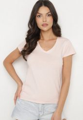Różowy T-shirt z Bawełny z Dekoltem w Serek Liniviela. Czerwone bluzki damskie Born2be, l, bez wzorów, z bawełny, bez kołnierzyka. Za 39.99 zł.