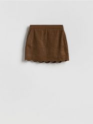 Lniana spódnica mini - brązowy. Brązowe spódnice damskie Reserved, l, bez wzorów, klasyczne, mini. Za 129.99 zł.