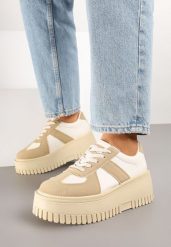 Ciemnobeżowe Sneakersy w Stylu Tenisówek na Platformie z Tłoczeniami Firreis. Brązowe obuwie sportowe damskie Born2be, bez wzorów, z jeansu, tenisowe. Za 99.99 zł.