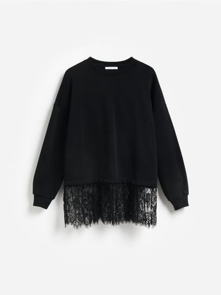 Bawełniana bluza z koronką - czarny. Czarne bluzy damskie Reserved, l, bez wzorów, z bawełny, bez kaptura. Za 139.99 zł.